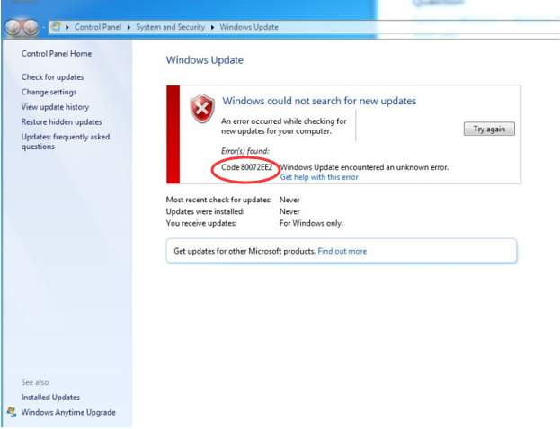 errore di aggiornamento di Windows 80072ee2